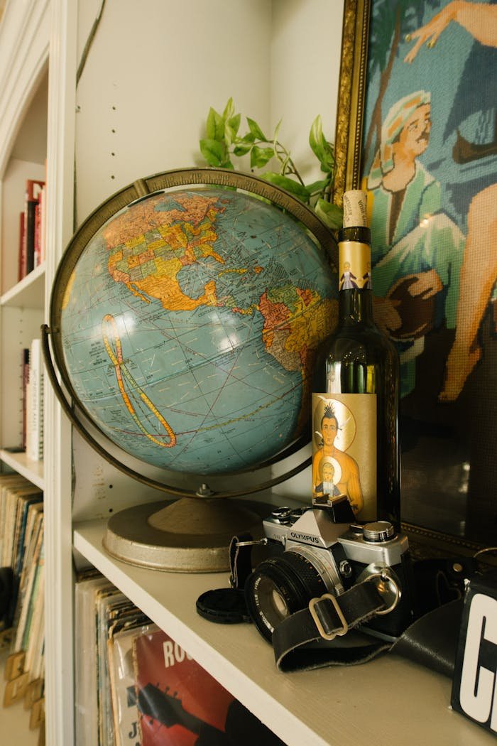 Vintage globe, wine bottle, and camera on a shelf create an artistic study vibe.